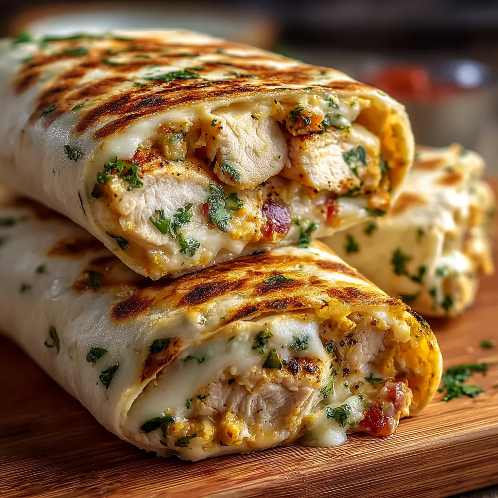 A close-up of delicious Cheesy Garlic Chicken Wraps shows the golden-brown tortilla filled with juicy chicken, melted cheese, and garlic sauce.
