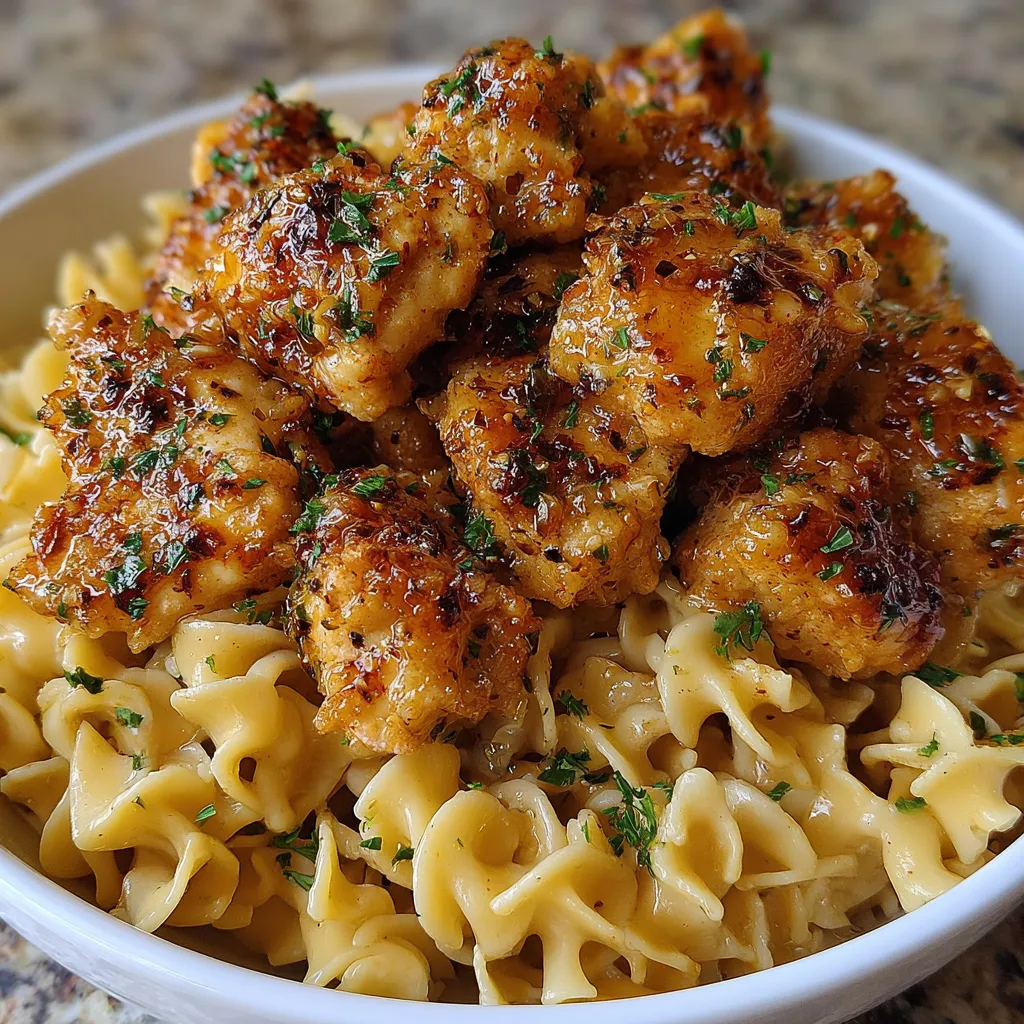 Garlic Butter Chicken Bites In Creamy Pasta are showcased in this appetizing featured image, highlighting the delicious combination of chicken and pasta.