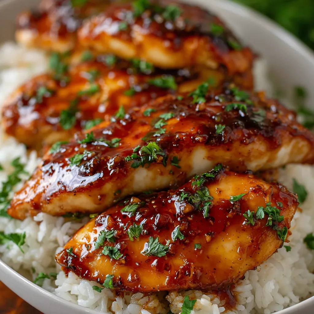 Close-up shows juicy and flavorful Honey Garlic Chicken Breasts, glistening with a rich sauce and ready to be served.