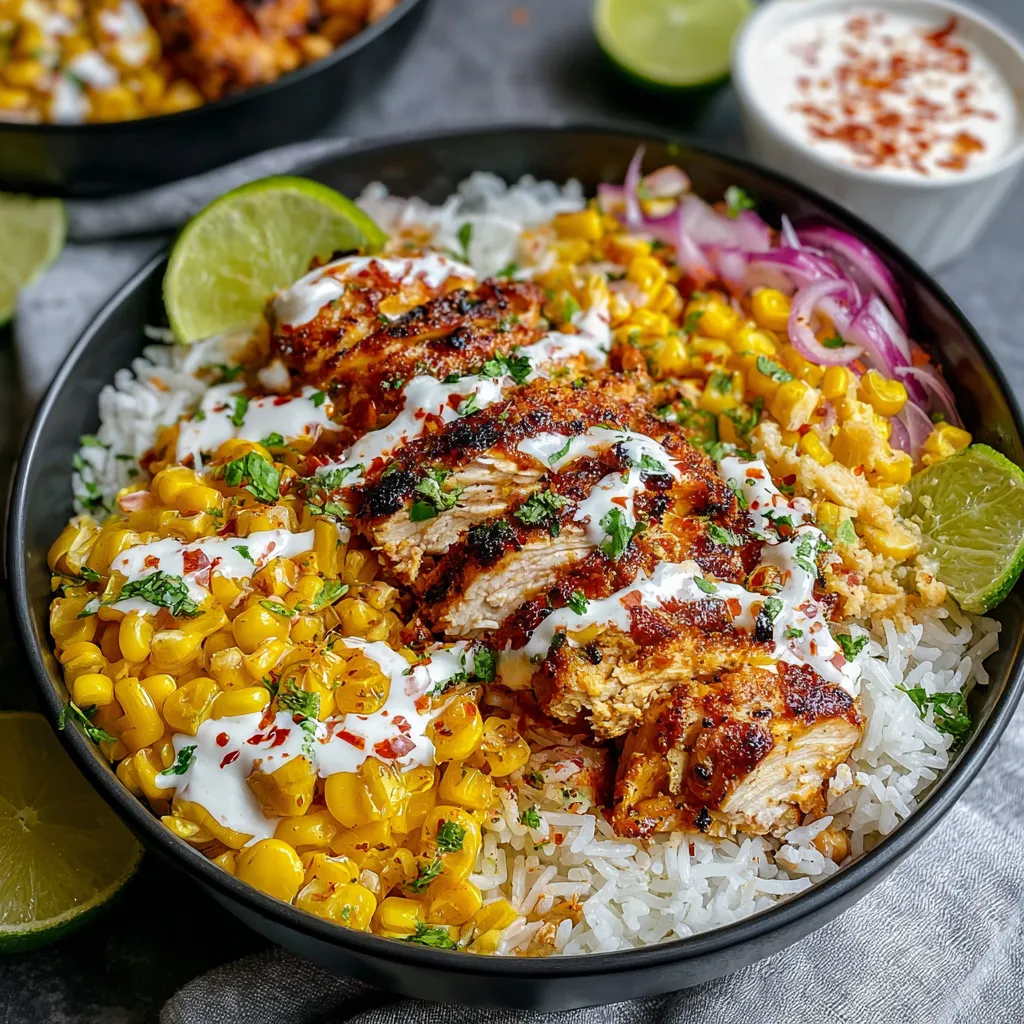 A delicious Street Corn Chicken Rice Bowl is shown as the featured image for a food blog post.