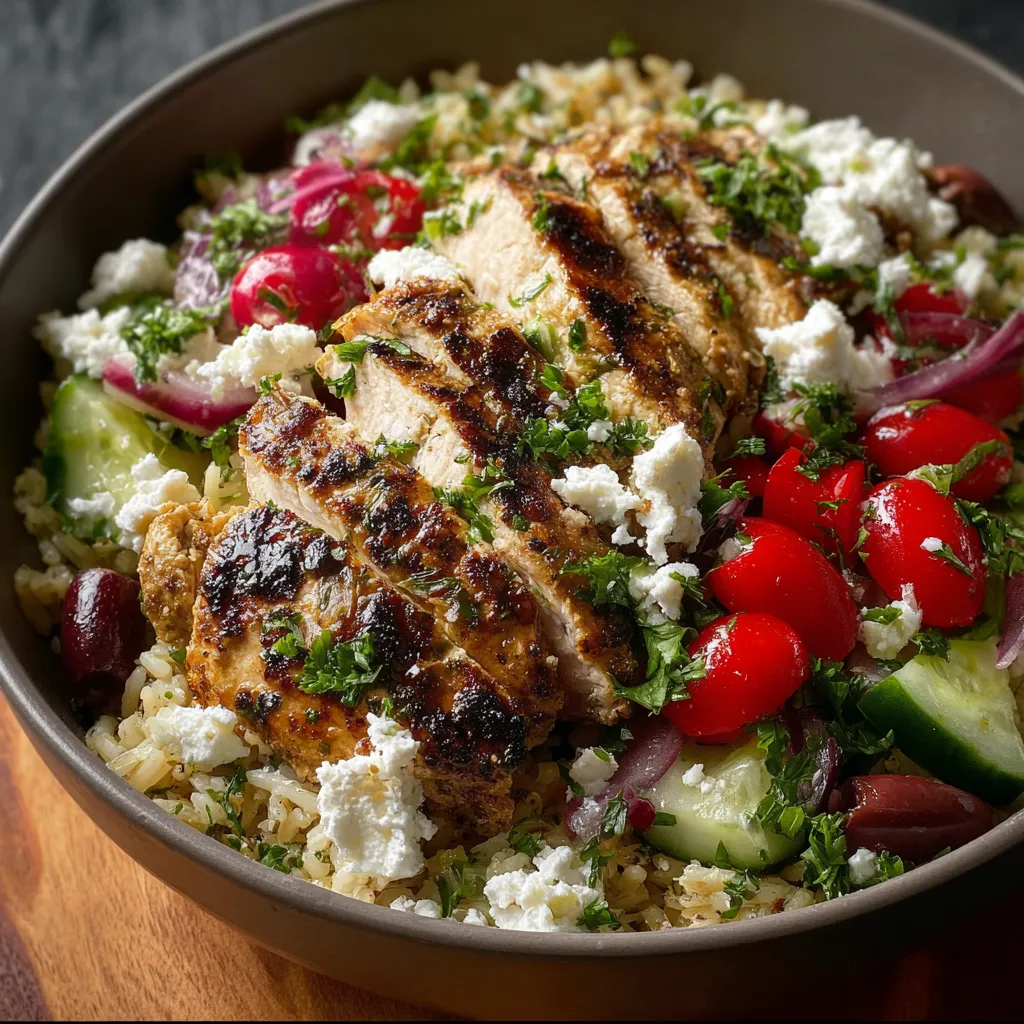 Mediterranean Chicken Rice Bowl featured image shows a colorful and healthy bowl with grilled chicken, rice, fresh vegetables, and a creamy sauce.