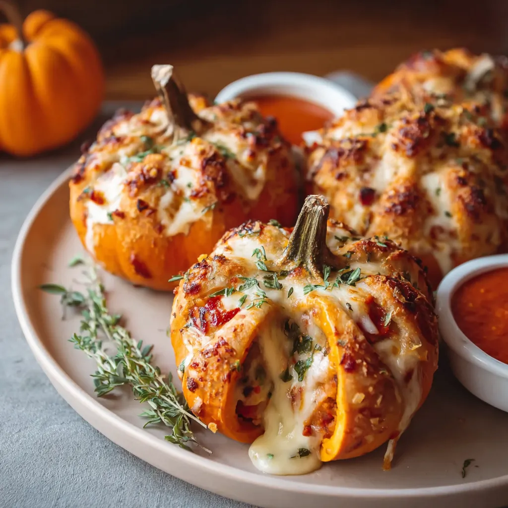A close-up shows a delicious, oven-baked Pizza Stuffed Pumpkins recipe ready to be served as a unique autumn meal.