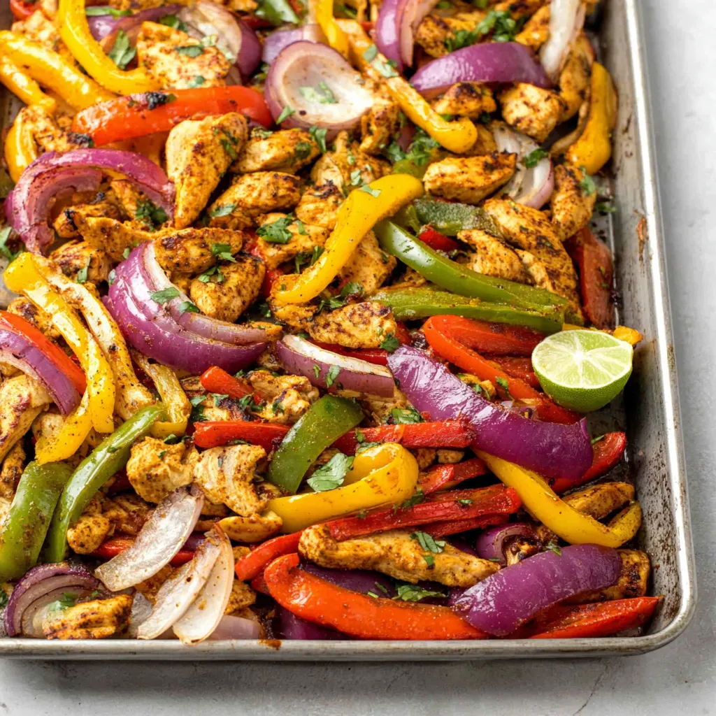 Sheet Pan Chicken Fajitas, a vibrant and delicious meal, are shown in this featured image.