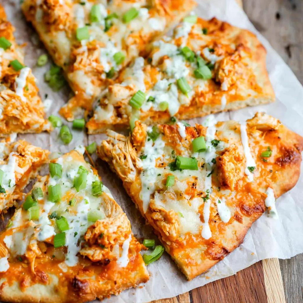 A delicious Spicy Buffalo Chicken Flatbread is displayed as the featured image for the recipe.