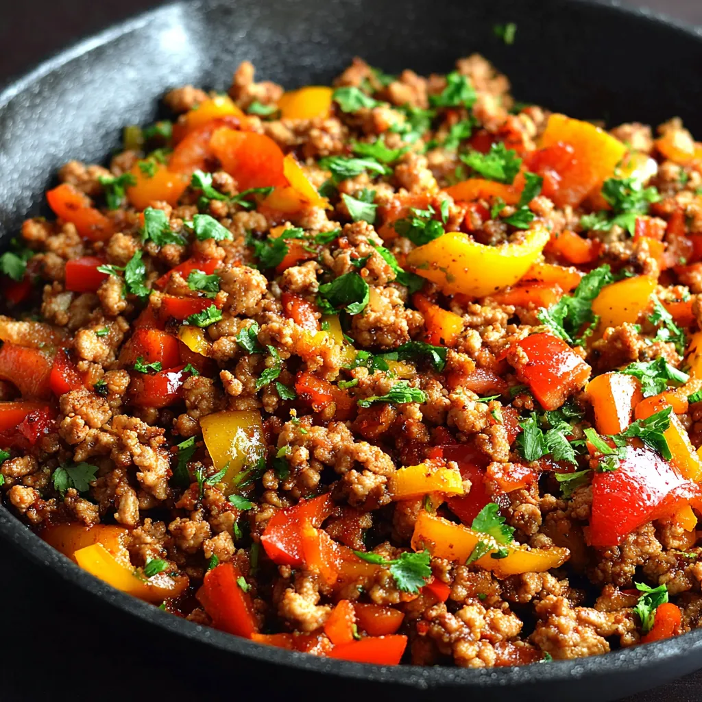 Spicy Ground Turkey and Peppers Stir-Fry is shown in a vibrant featured image, showcasing the dish's colorful bell peppers and savory ground turkey.