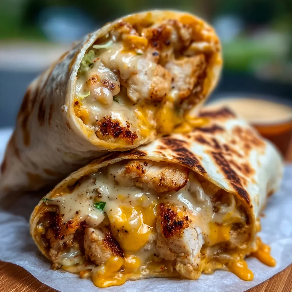 A close-up showcases the deliciousness of Cheesy Garlic Chicken Wraps, perfect for a quick and flavorful meal.