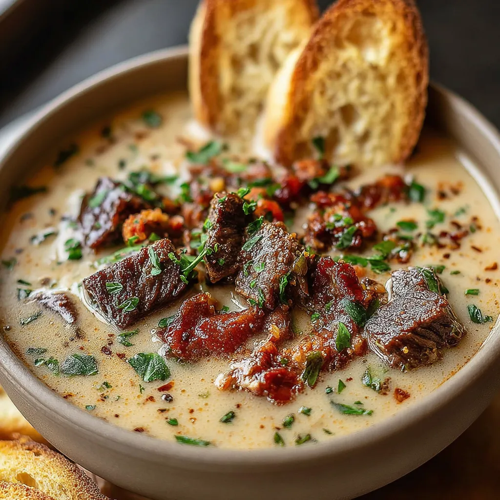 A bowl of creamy Philly Cheesesteak Soup, garnished with melted provolone and chopped green onions, showcases this comforting recipe.