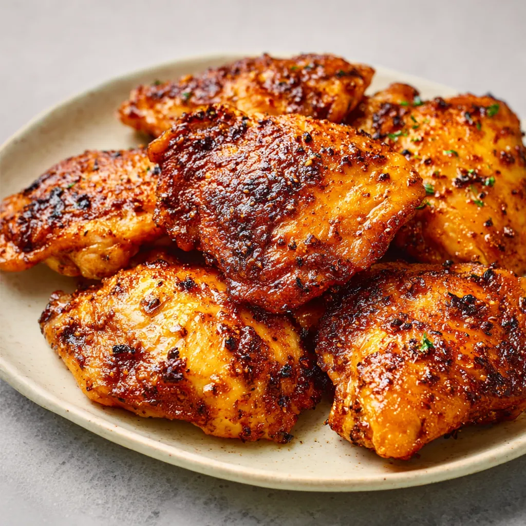 Perfectly cooked Air Fryer Boneless Chicken Thighs are shown, showcasing their crispy exterior and juicy interior.