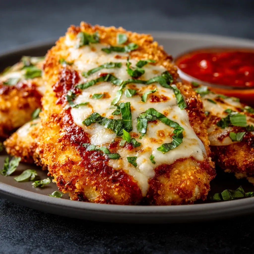 Close-up of golden brown Air Fryer Chicken Parmesan, showcasing its crispy breading and melted cheese.