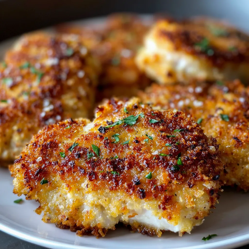 A close-up shows golden brown Air Fryer Parmesan Crusted Chicken fresh out of the air fryer.