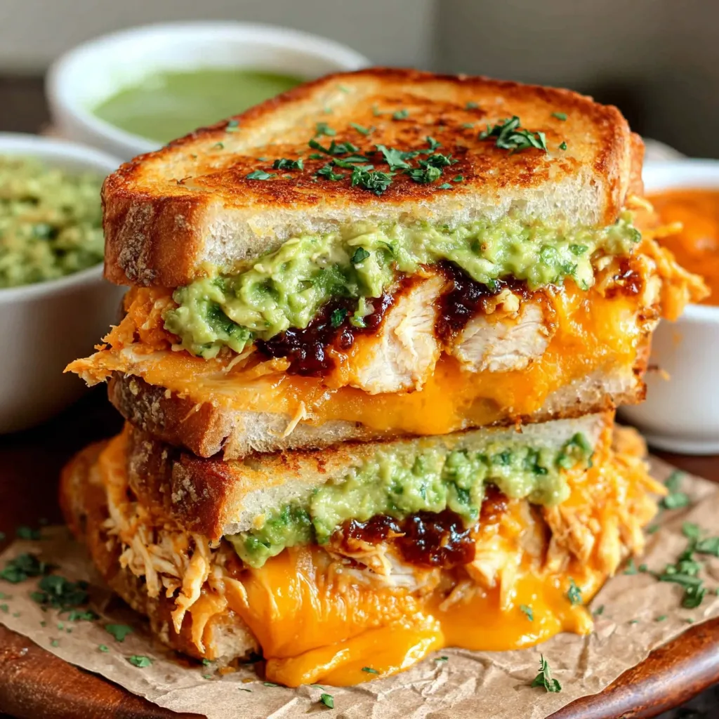 Close-up view of a delicious Chicken Avocado Melt Sandwich, showcasing the melted cheese and creamy avocado filling.