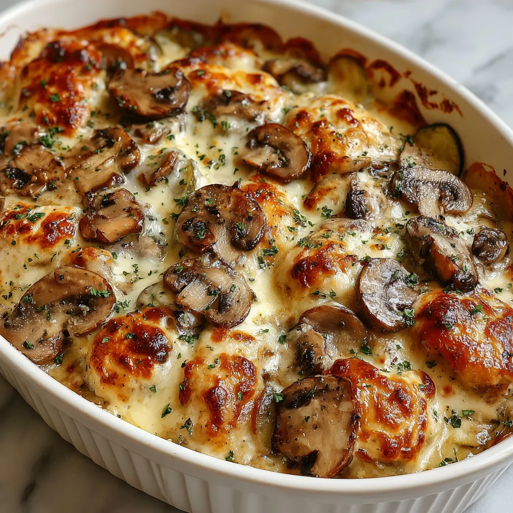 Close-up view of the Creamy Keto Garlic Mushroom Chicken Casserole, showcasing its creamy sauce and tender chicken and mushrooms.