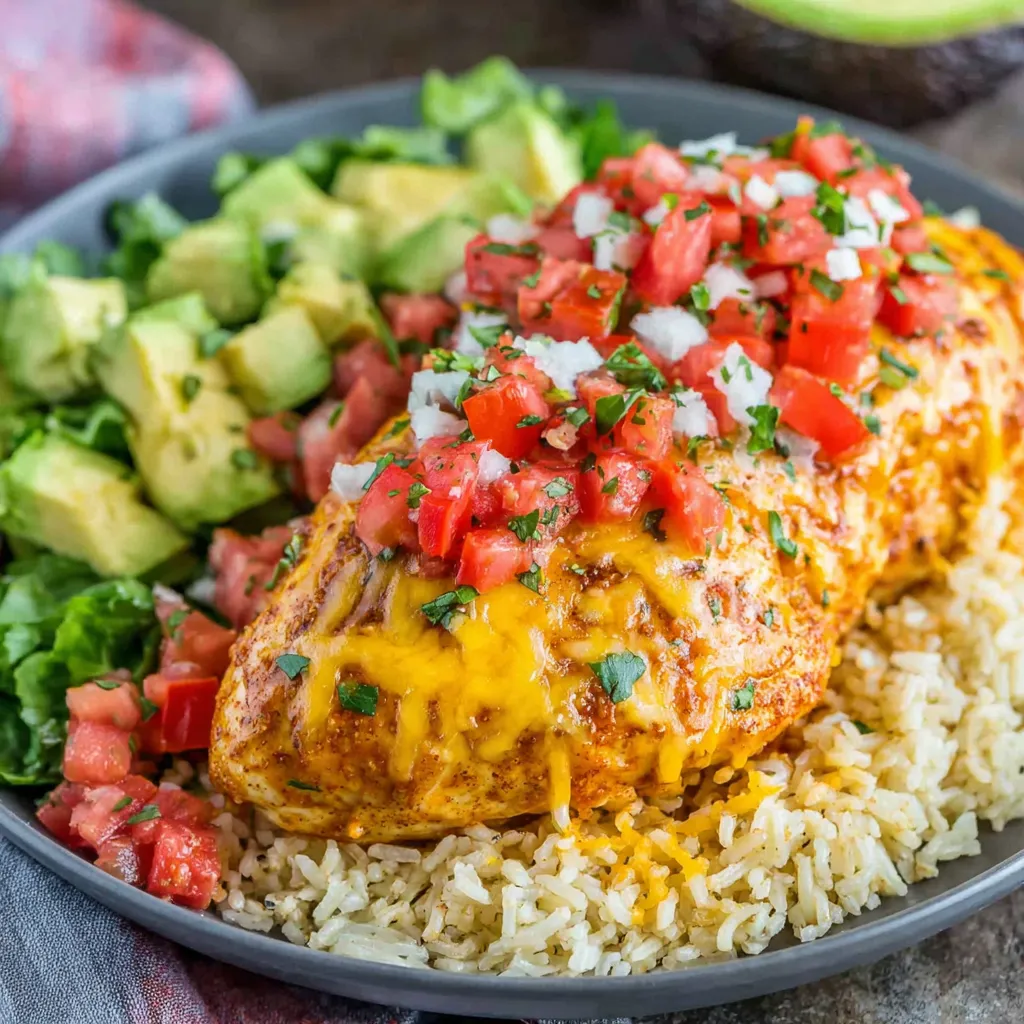 A close-up shot showcases the vibrant colors and textures of Fiesta Lime Chicken With Avocado, served in a bright and appetizing presentation.