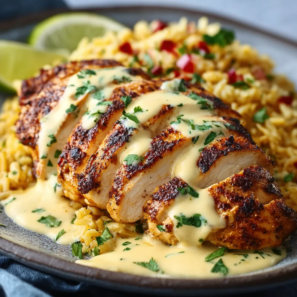 Close-up showing the creamy cheese sauce smothering the flavorful Mexican Chicken with Cheese Sauce Recipe.