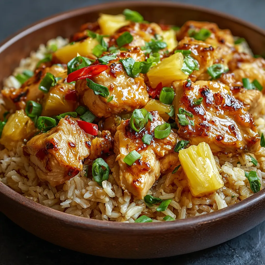 Close-up showing a delicious serving of Pineapple Chicken and Rice, ready to be enjoyed.