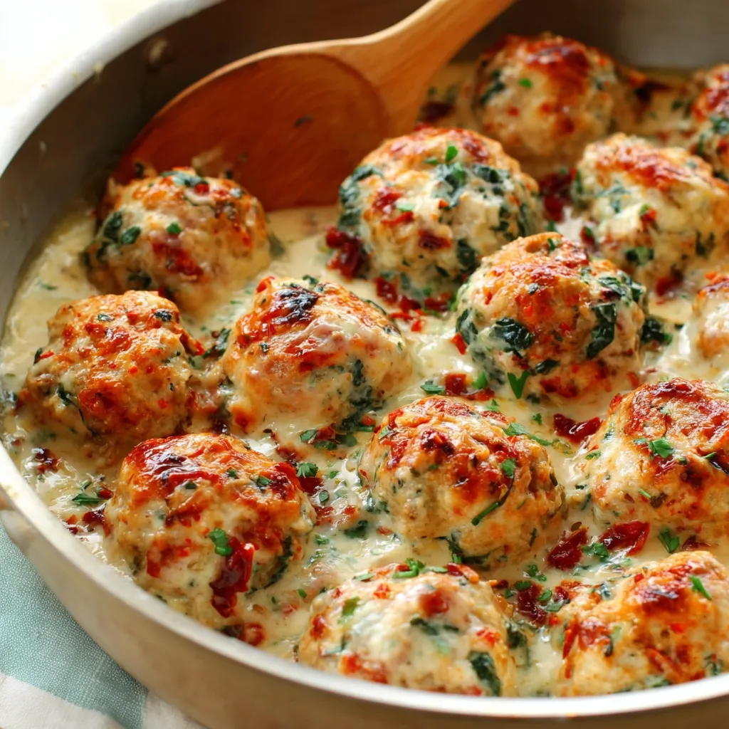 Close-up of juicy Baked Chicken Ricotta Meatballs arranged on a plate.