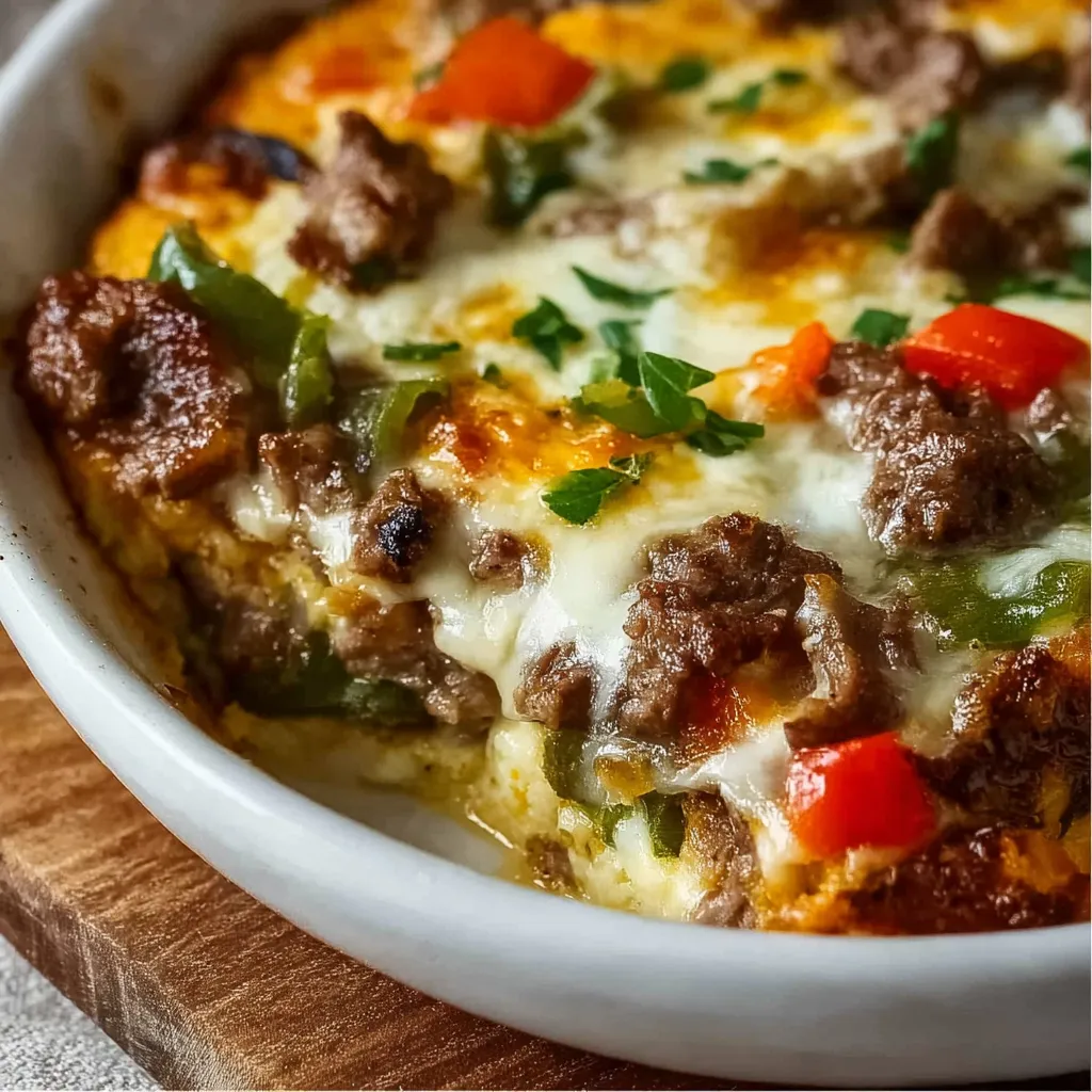 A close-up shot showcases a delicious serving of Beefy Philly Cheesesteak Casserole with melted cheese and peppers.