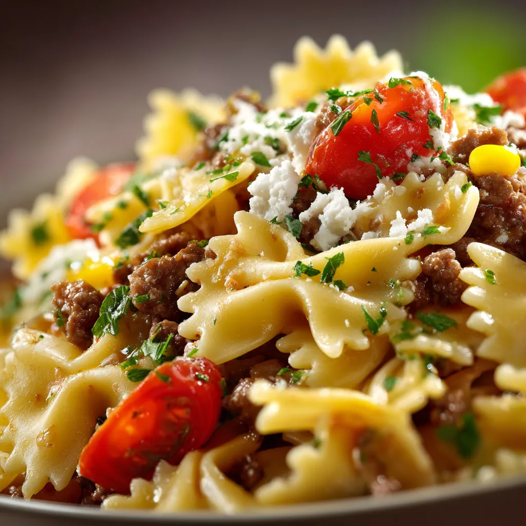 Close-up shot of freshly prepared Bowtie Pasta With Ground Beef, showcasing the rich sauce and perfectly cooked pasta.