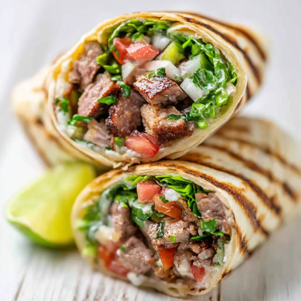 A close-up shot showcases the delicious fillings inside a freshly made Carne Asada Burrito.