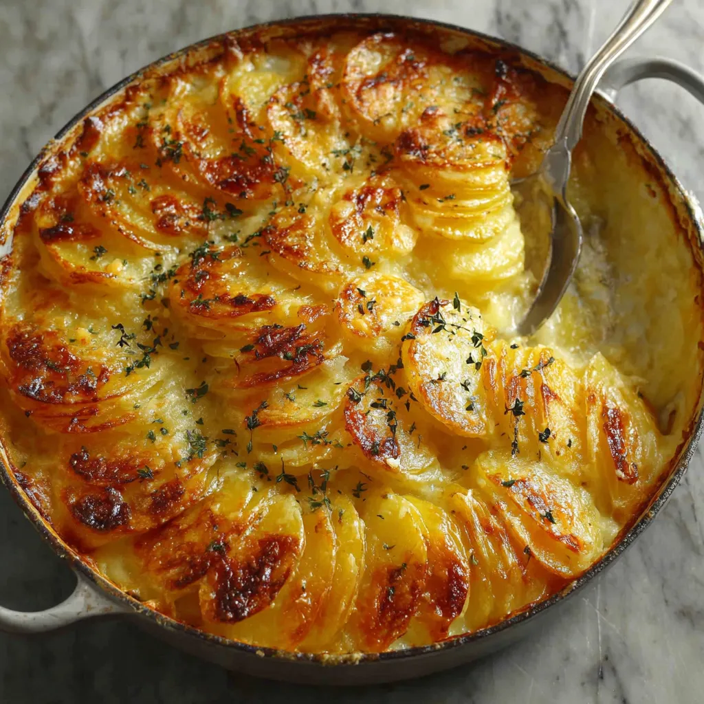 Close-up of a creamy and golden-brown Cheesy Potato Gratin Casserole, showcasing its cheesy, bubbly topping.