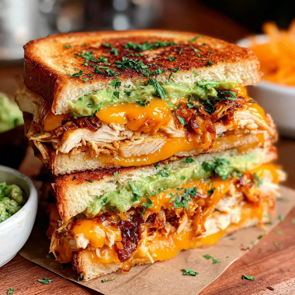 Close-up of a delicious Chicken Avocado Melt Sandwich, showcasing the melted cheese and creamy avocado filling.