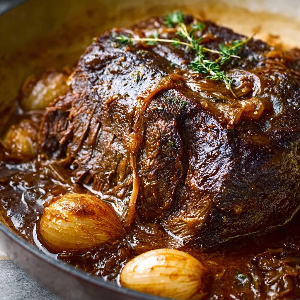 Close-up view of a delicious French Onion Pot Roast with tender beef and caramelized onions in a rich gravy.