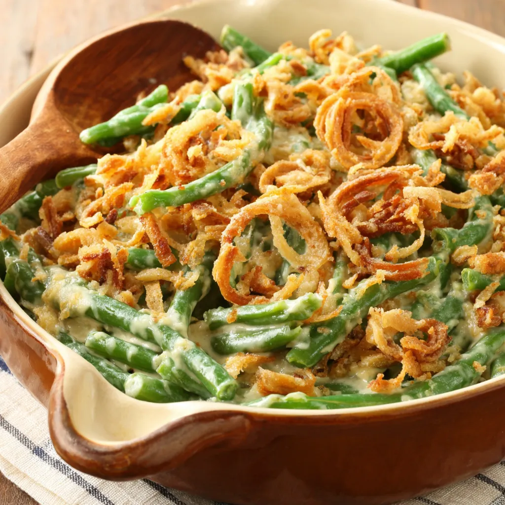 Close-up of a creamy Green Bean Casserole with crispy fried onions, ready to be served.