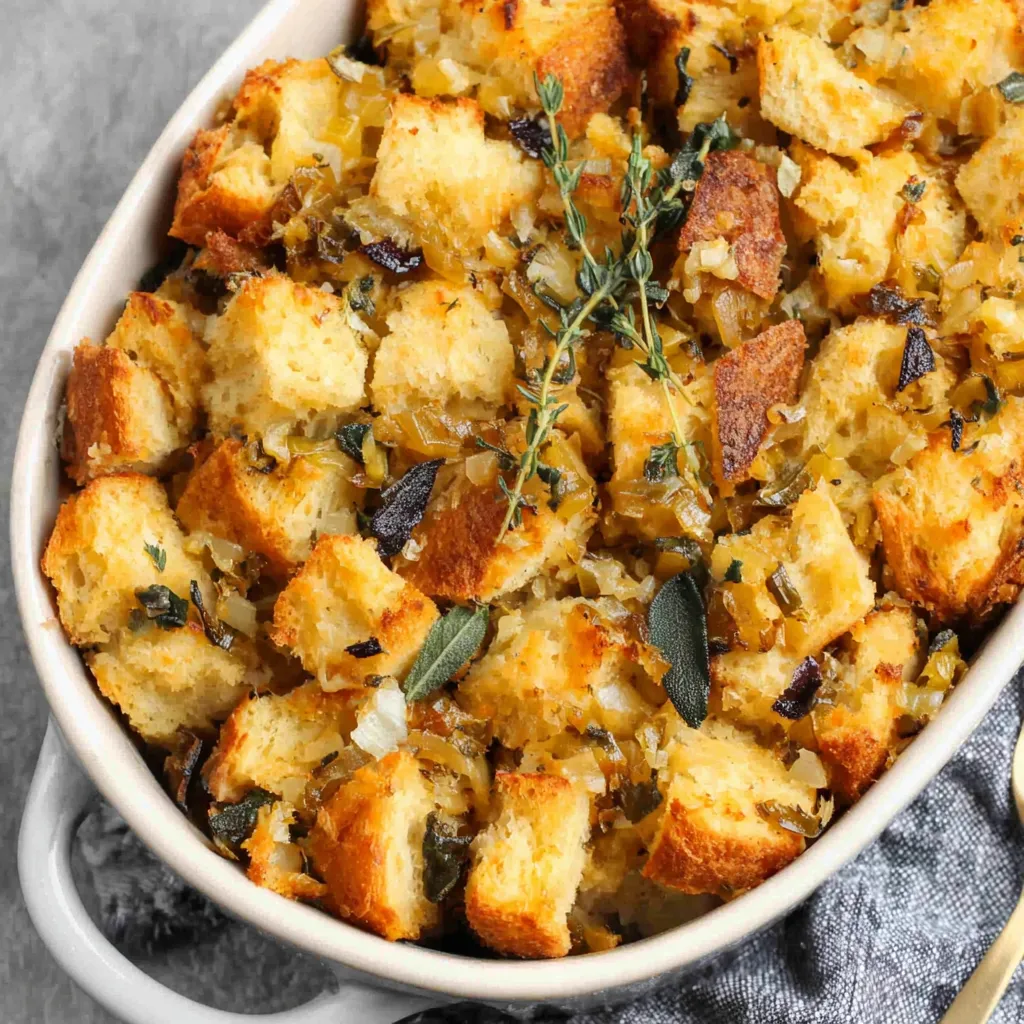 A close-up shot showcasing the texture and delicious appearance of freshly baked Homemade Stuffing.