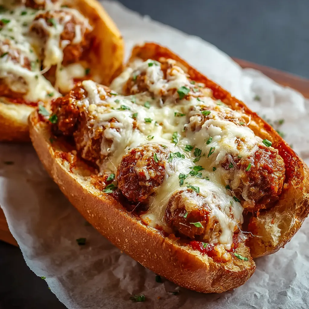 A close-up shot showcases the delicious details of homemade Meatball Subs, highlighting the sauce, cheese, and meatballs.