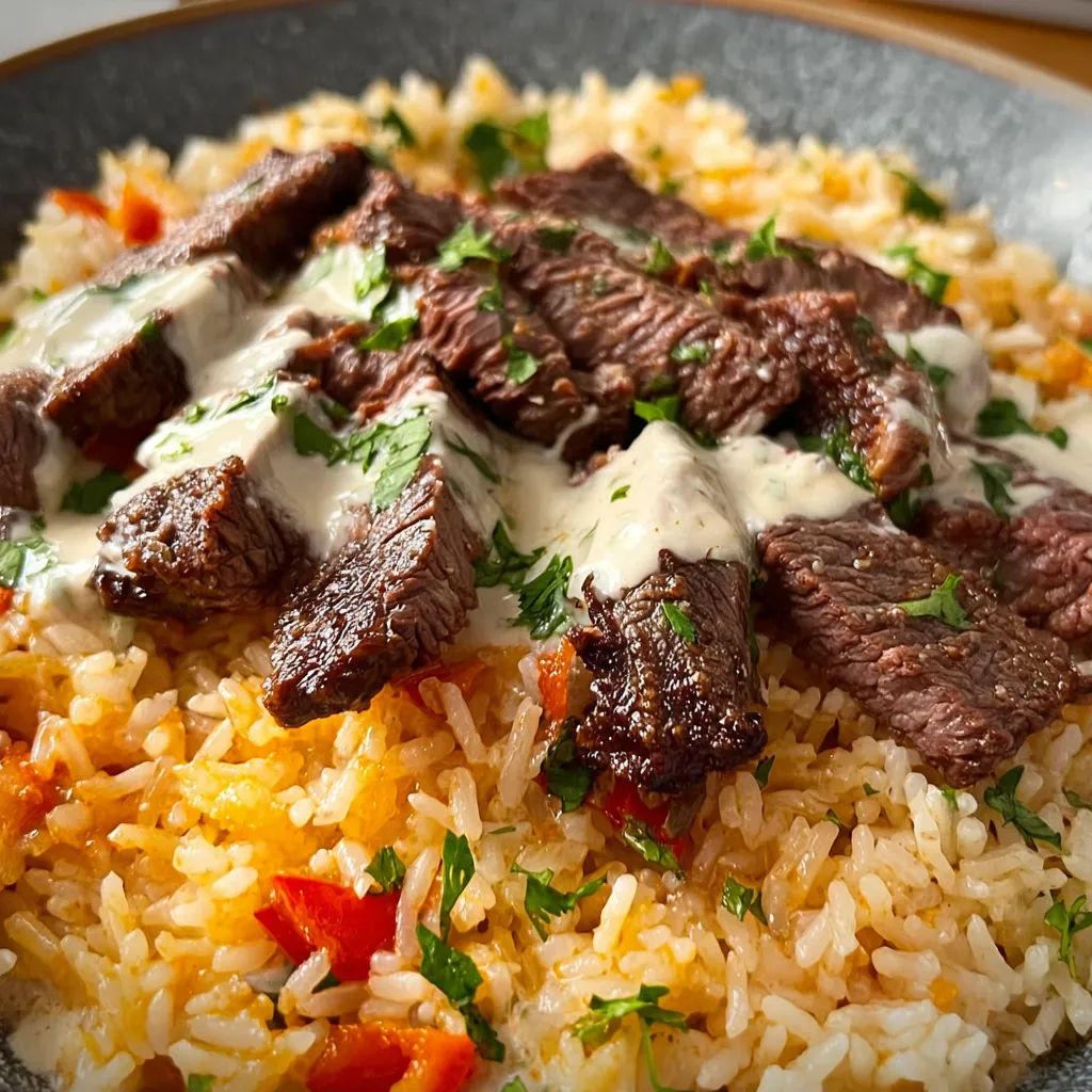 Close-up of a delicious bowl of Steak Queso Rice, showcasing the creamy queso and tender steak.