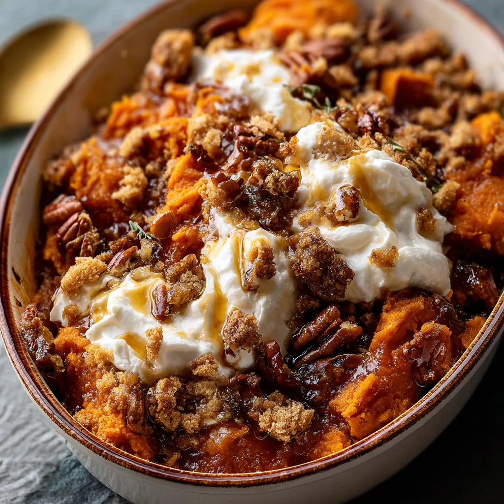 A close-up shot of a freshly baked Sweet Potato Casserole, showcasing its golden-brown topping and creamy texture.