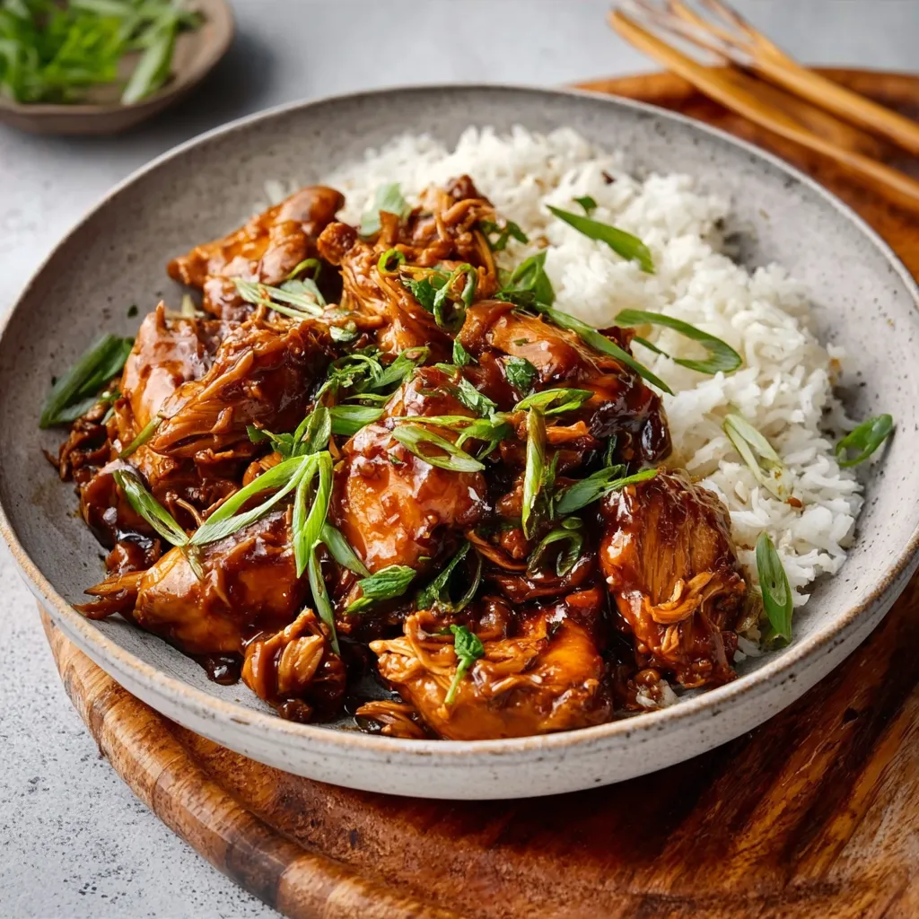 Close-up of delicious Bourbon Chicken, showcasing its glistening sauce and tender chicken pieces.