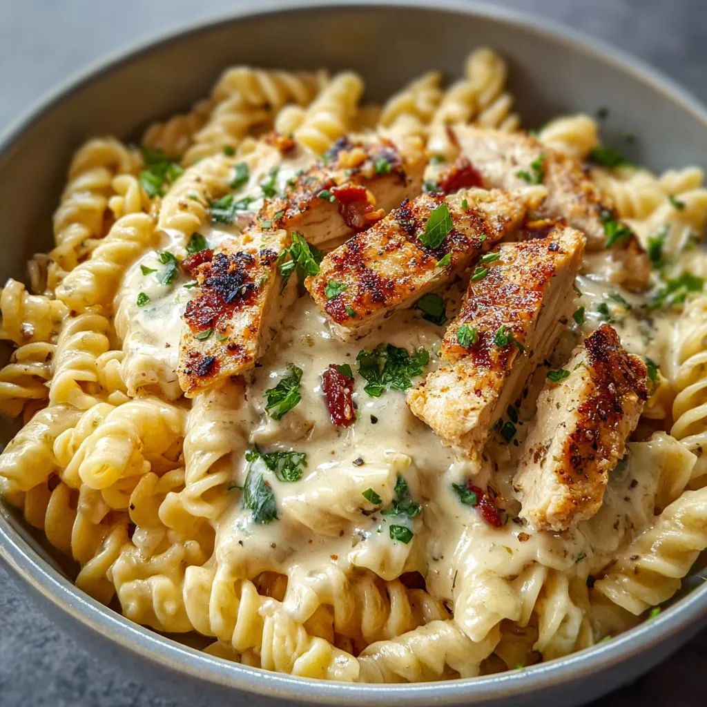 Close-up shot of creamy Boursin Chicken Pasta, showcasing the dish's texture and ingredients.