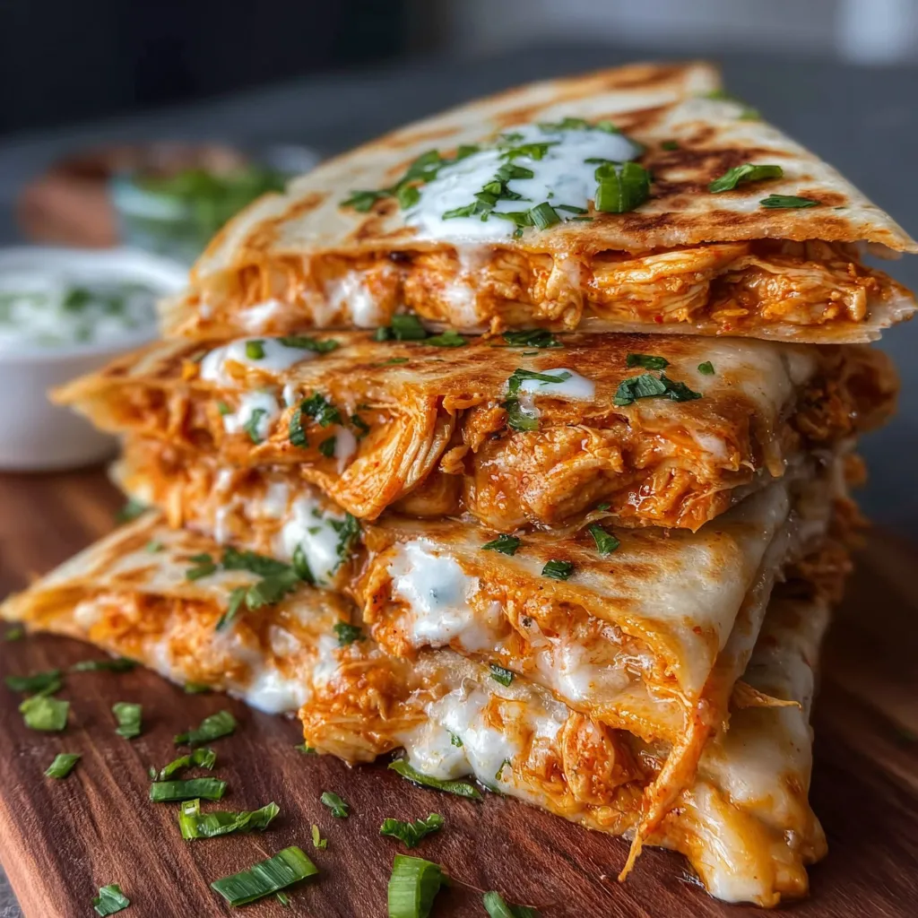 Close-up shot of delicious, cheesy Buffalo Chicken Quesadillas filling spilling out, showcasing the creamy buffalo sauce and tender chicken.