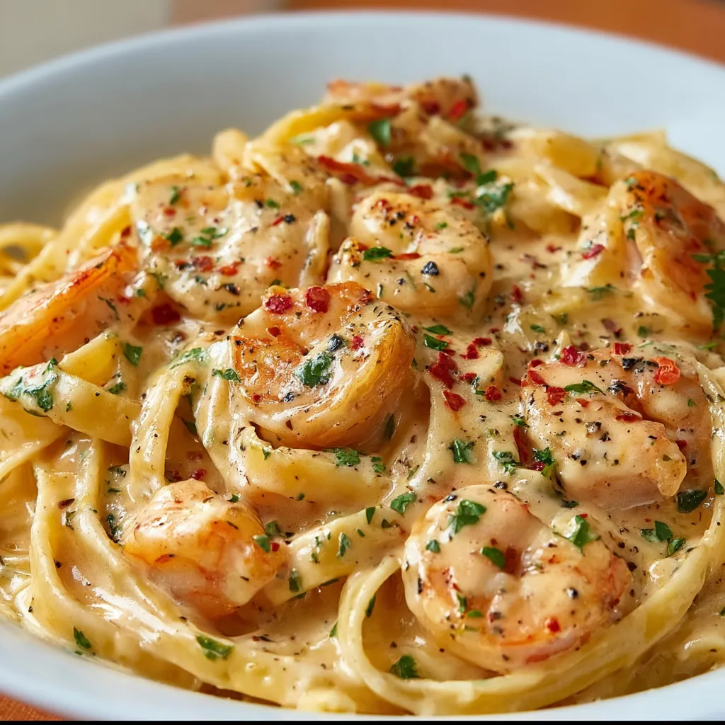 Close-up showcasing the creamy texture and delicious seafood in the Cajun Shrimp Crab Pasta.