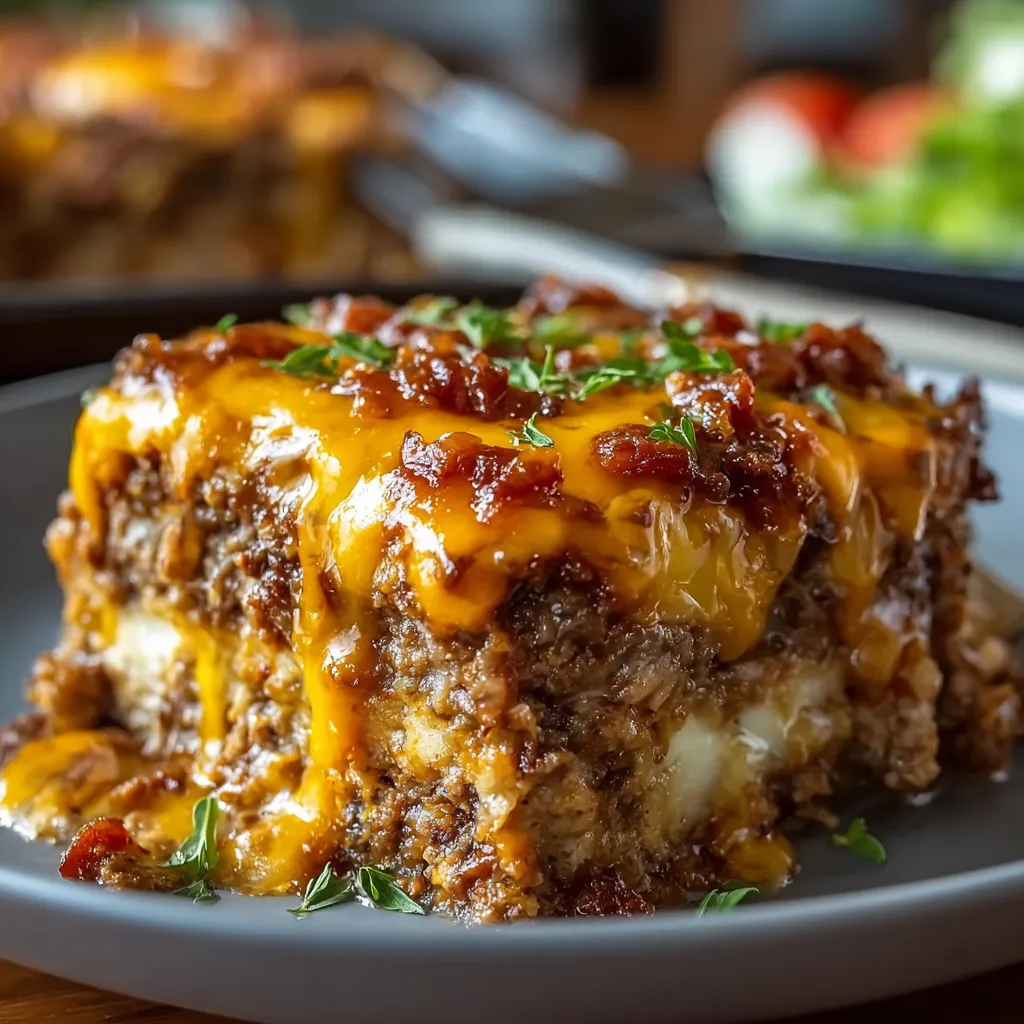 Close-up of a freshly baked Cheesy Loaded Meatloaf Casserole, showcasing the melted cheese and savory toppings.