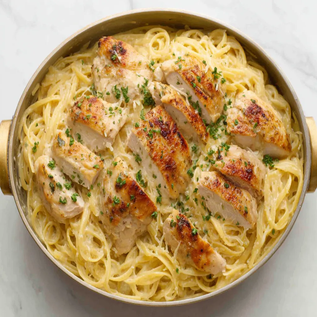 Close-up of creamy Chicken Garlic Parmesan Pasta, showcasing the tender chicken and rich sauce.