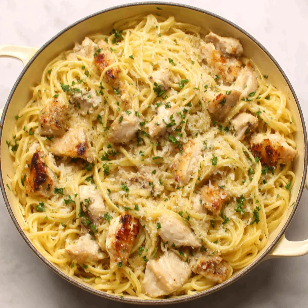 Close-up of creamy Chicken Garlic Parmesan Pasta in a bowl, ready to eat.