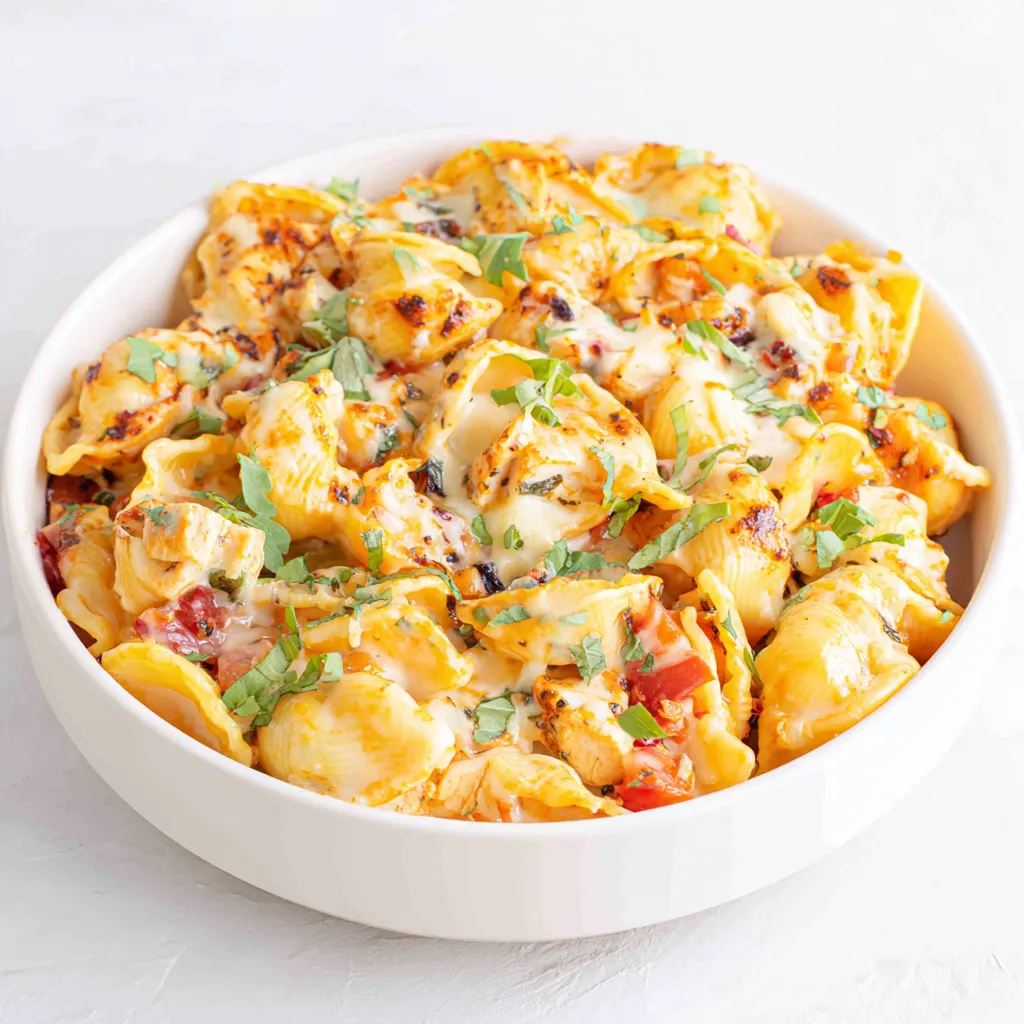 Close-up of a creamy Chicken Mozzarella Pasta dish, showcasing the melted mozzarella and tender chicken pieces.