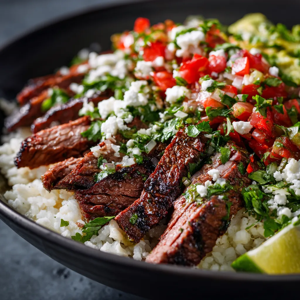 Close-up of delicious Cilantro Lime Steak Bowls, showcasing the vibrant colors of steak, rice, and toppings.