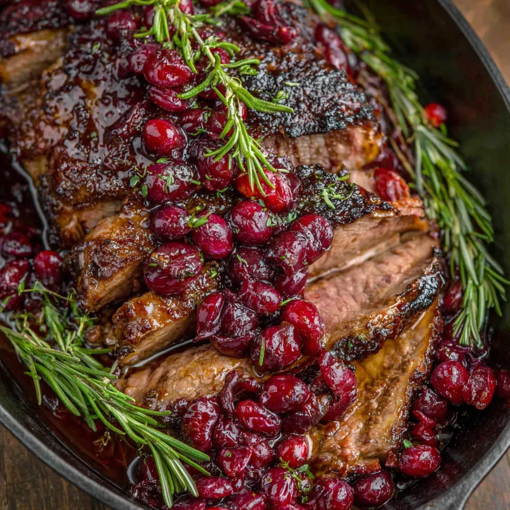 Close-up view of a juicy Cranberry Roast Beef, showcasing its tender texture and cranberry sauce glaze.