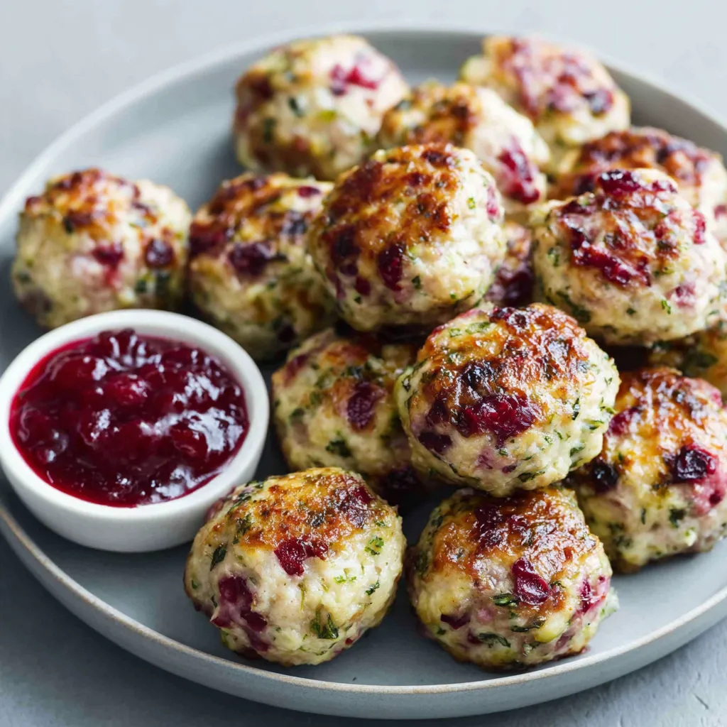 Close-up showing a delicious batch of freshly baked Cranberry Turkey Stuffing Balls.
