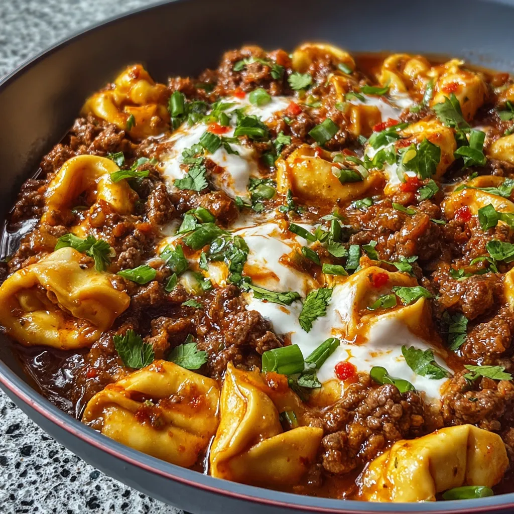 Close-up shot showcasing the creamy, cheesy sauce coating beef-filled tortellini in the Creamy Cheesy Beef Enchilada Tortellini recipe.
