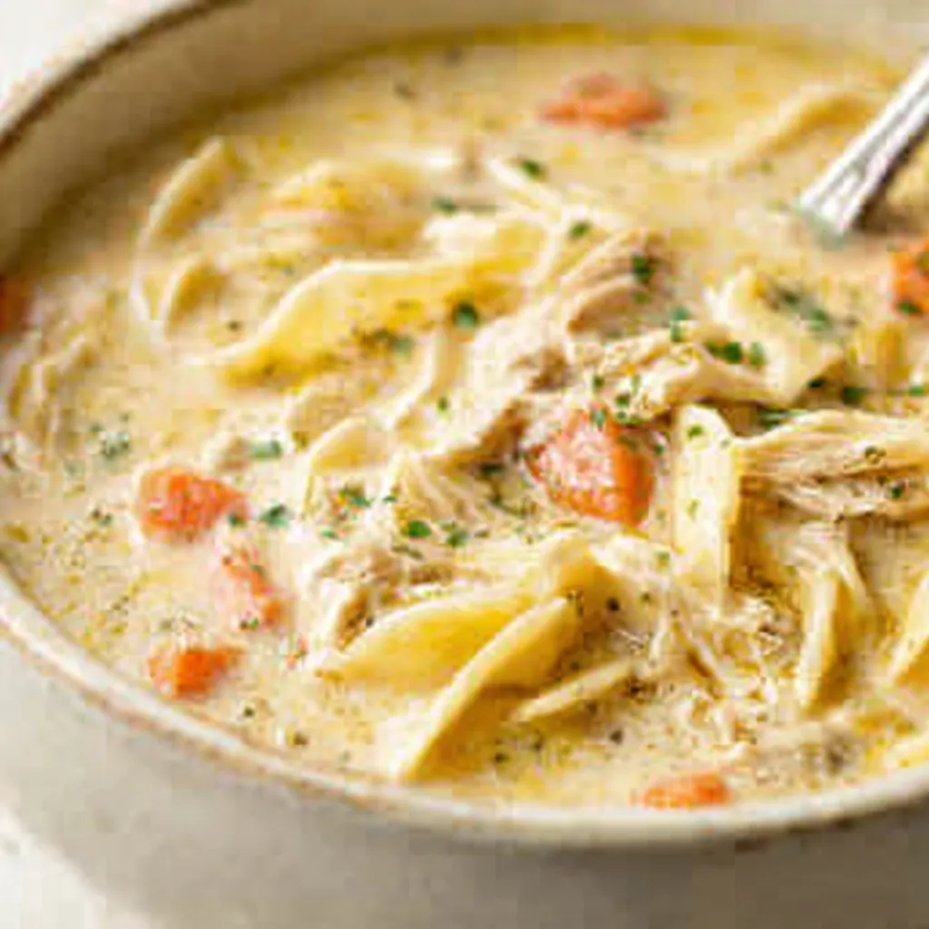 A close-up shot showcasing the rich, creamy texture and delicious ingredients of the Creamy Chicken Pasta Soup.