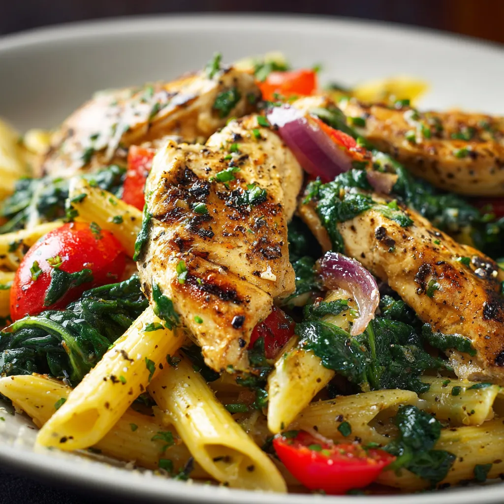 Close-up of delicious Creamy Chicken Spinach Penne showcasing the creamy sauce and fresh spinach.