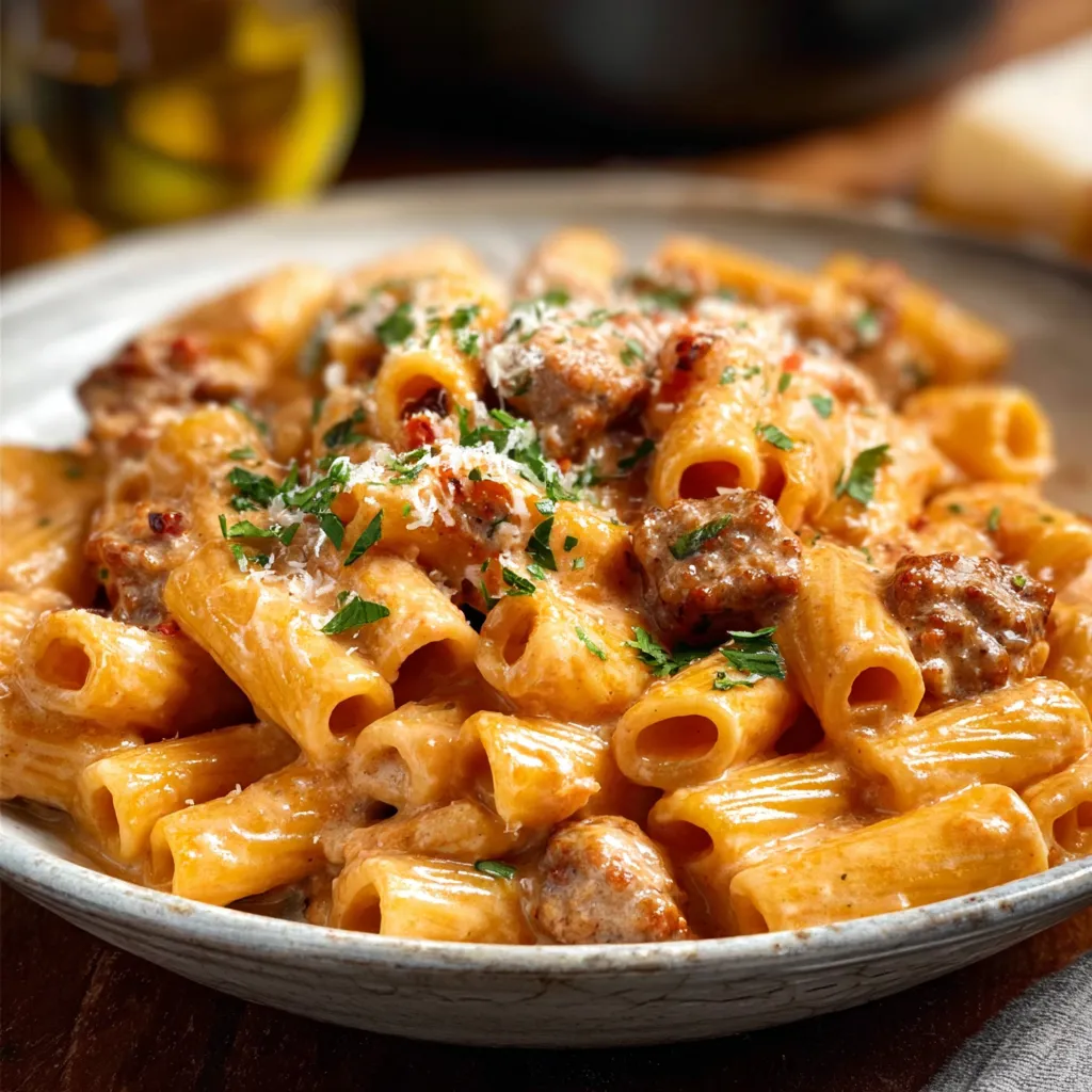 Close-up shot of a delicious plate of Creamy Sausage Rigatoni, showcasing the creamy sauce and perfectly cooked pasta.