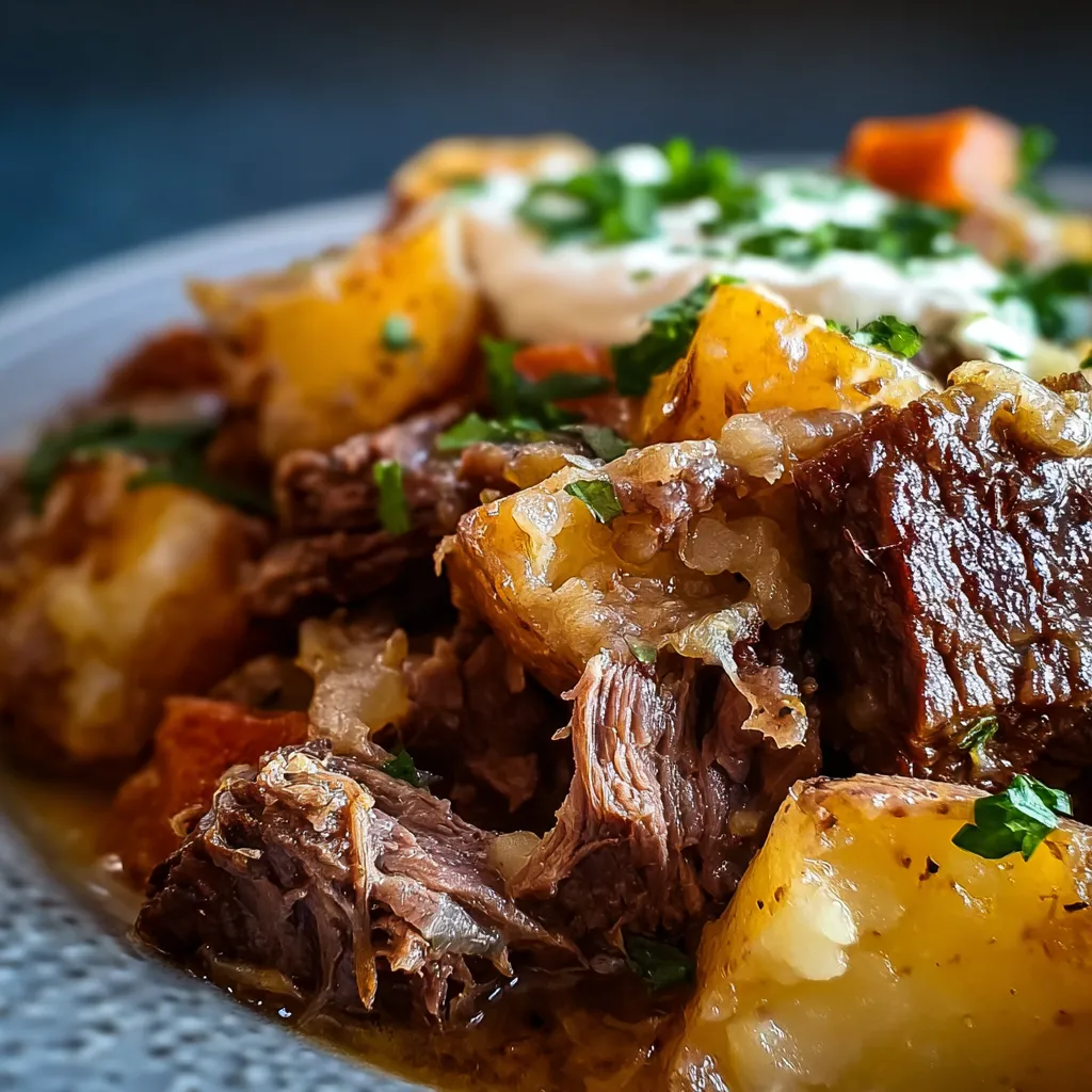 Close-up of a hearty serving of Crockpot Loaded Steak And Potatoes, showcasing the tender steak and cheesy potato toppings.
