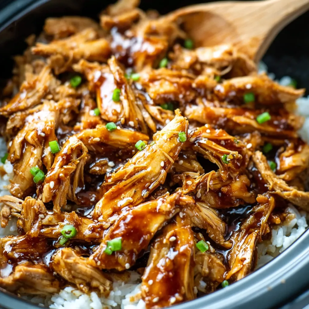 A close-up shot shows the delicious, glistening Crockpot Teriyaki Chicken ready to be served.