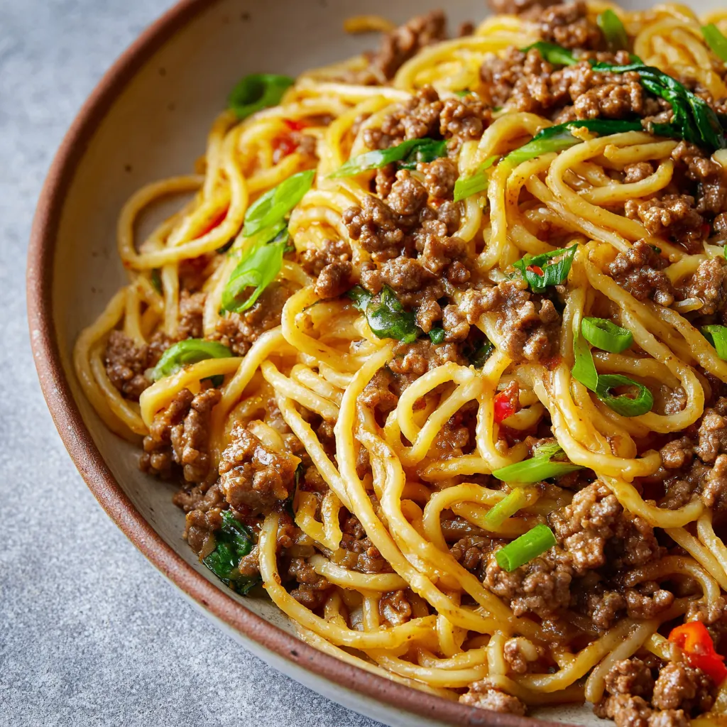 Close-up of a flavorful Asian Beef Noodle Skillet ready to be served.