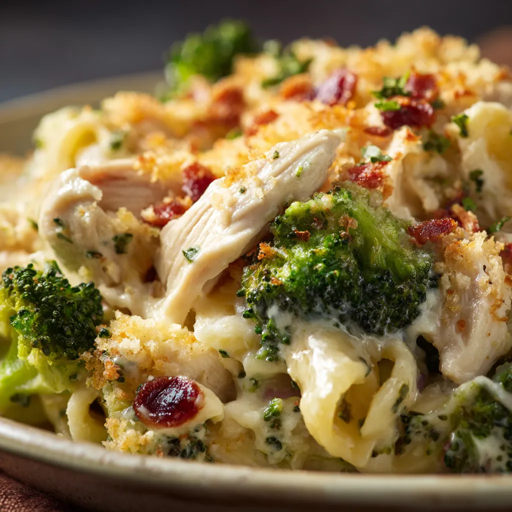 Close-up shot showcasing a delicious Chicken Broccoli Alfredo Bake, ready to be served.